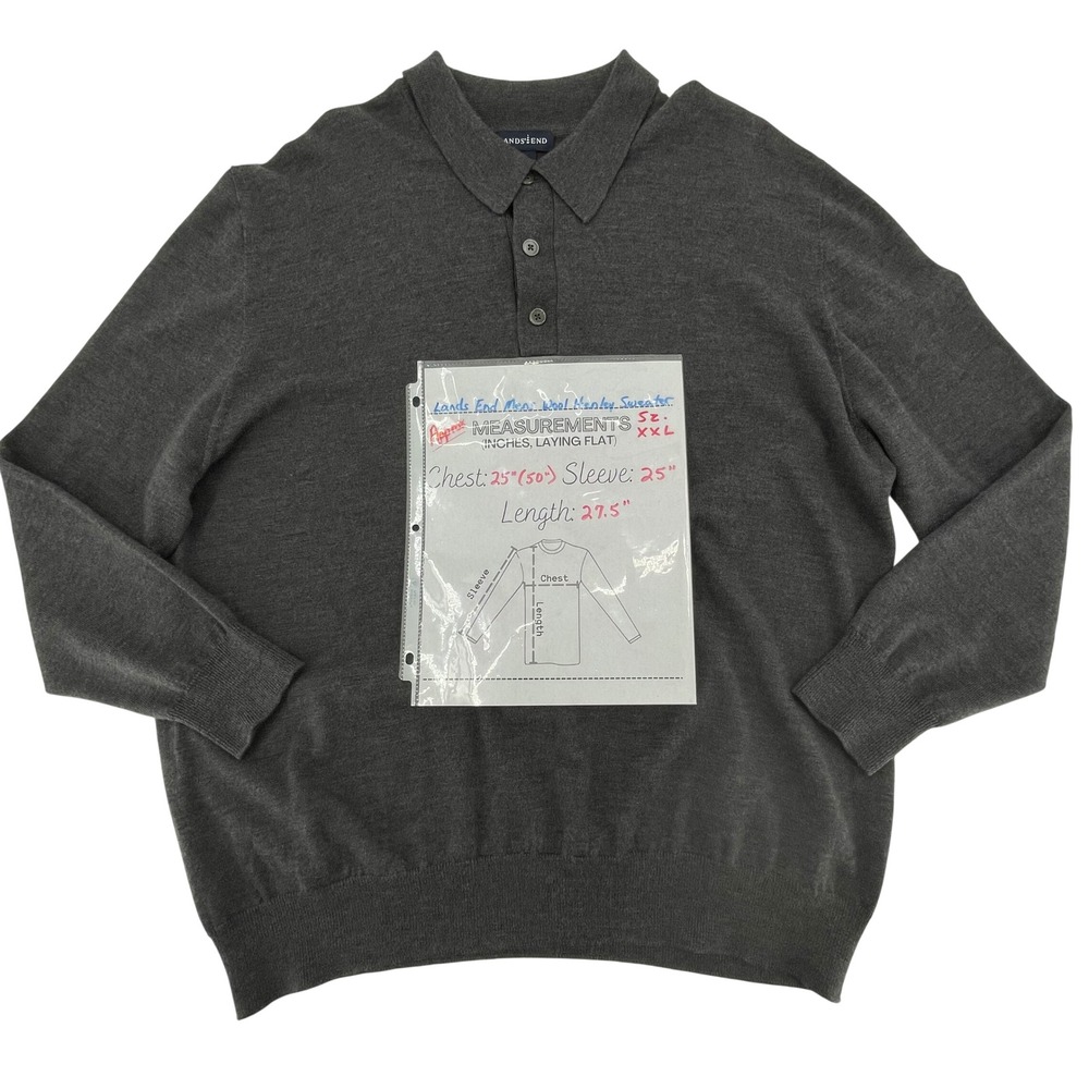 Lands End Vtg. Mens Henley Sweater Sz. XXL Dark Gray 100% Wool Knit Long Sleeve - Picture 7 of 7